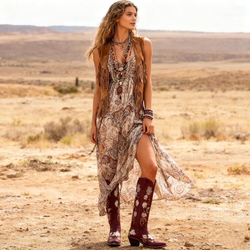 Women's Burgundy Cowboy Boots Knee High Floral Embroidered Western Boots Pull On - Picture 3 of 6